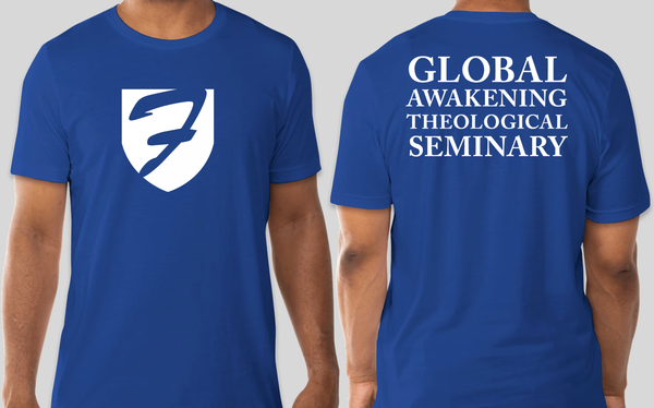 blue global awakening theological seminary tee shirt front and back
