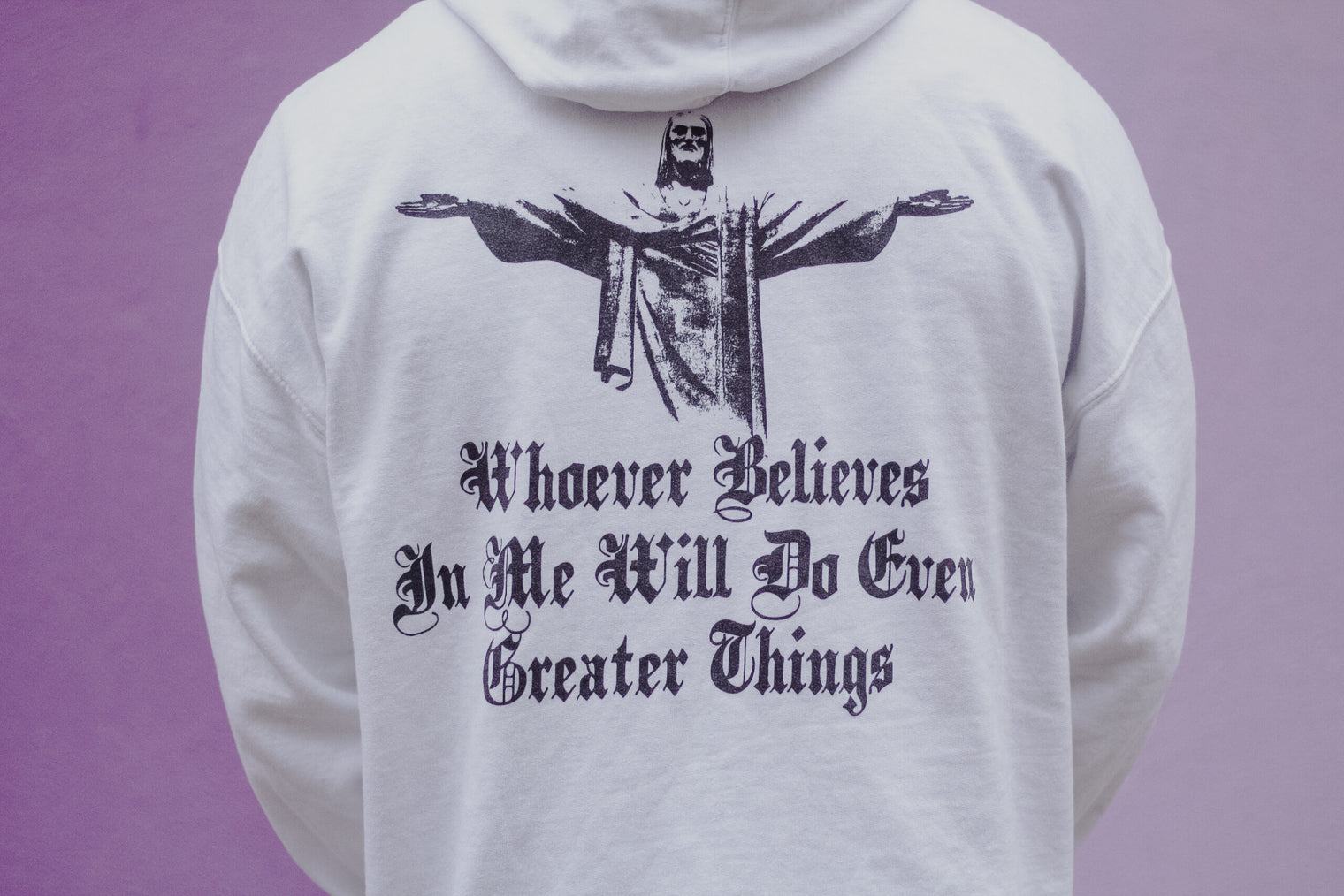 back of white greater things sweatshirt