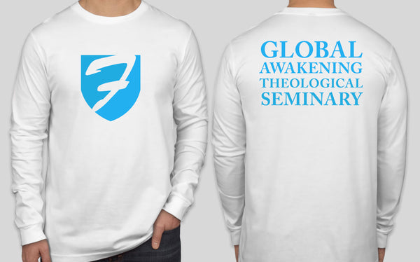 long sleeved white shirt global awakening theological seminary front and back