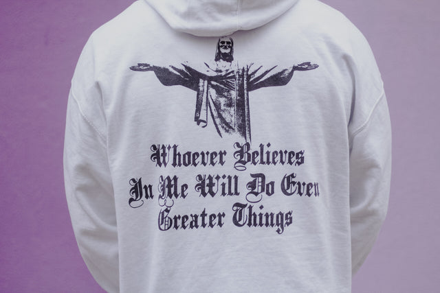 back of white greater things sweatshirt