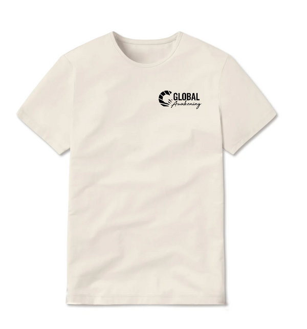 tan tee shirt with black Global logo on front